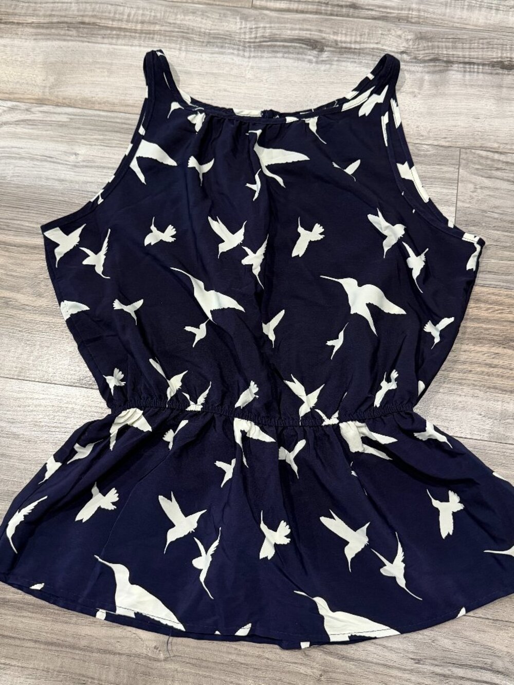 Paper Crane‎ Navy Blue Hummingbird Print Peplum Sleeveless Top Blouse Medium